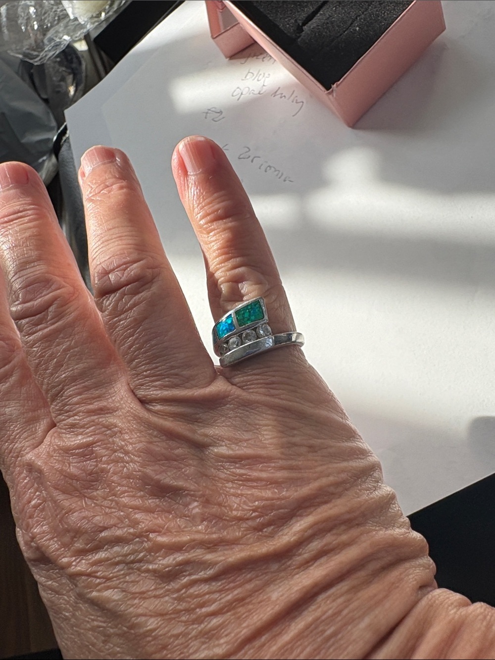 Vintage 925 Sterling Ring with Green/Blue Opal Inlay and Cubic Zirconia Ring - Picture 7 of 7